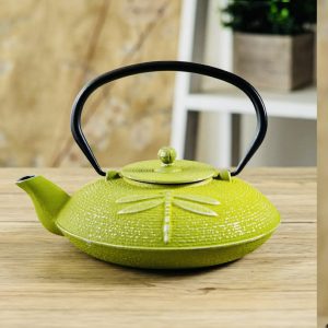 Green Dragonfly Design 37oz Cast Iron Tea Pot