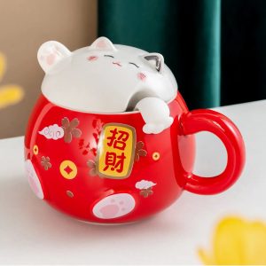 Fortune Cat 15oz Mug with Lid and Spoon-Red